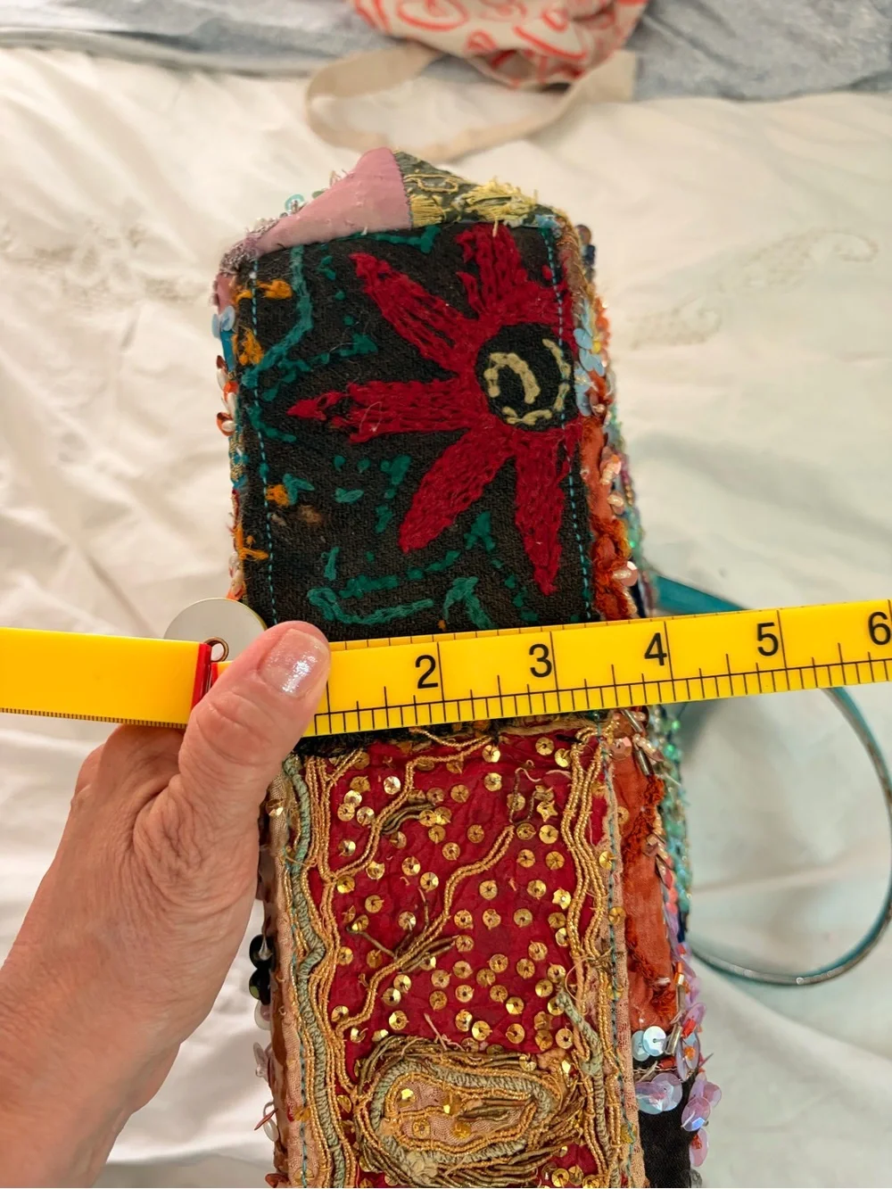 Vintage Embroidered Floral Patchwork Tote in Turquoise and Multicolor